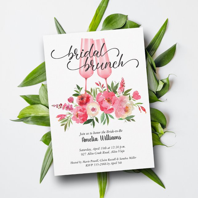 Brunch and Bubby Bridal Shower Champagne Glasses Invitation (Bridal shower brunch and bubby pink champagne glasses invitations - INSTANT DOWNLOAD and PRINTED)