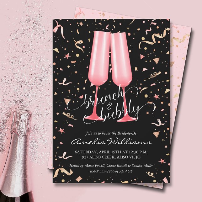 Brunch and Bubby Bridal Shower Invitation (Brunch and bubbly pink champagne glasses and streamers on black bridal shower invitations)