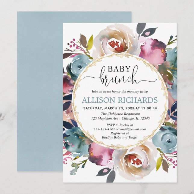 Brunch baby shower gender neutral, teal burgundy invitation (Front/Back)