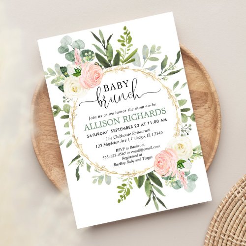 Brunch baby shower girl Eucalyptus pink gold Invitation