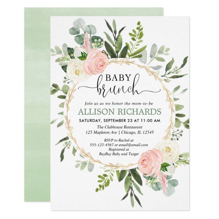 Brunch Baby Shower Eucalyptus Pink Gold Invitation Zazzle Brunch Baby Shower Eucalyptus