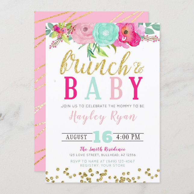 Brunch & Baby Summer Flowers Boho Gold Glitter Invitation (Front/Back)