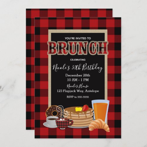 Brunch Breakfast Rustic Red Black Buffalo Plaid Invitation