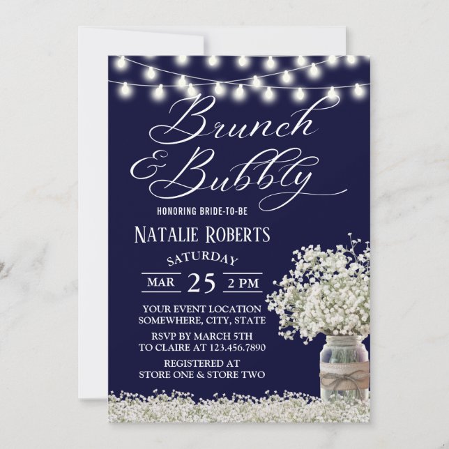 Brunch Bridal Shower Rustic Floral Jar Navy Blue Invitation (Front)