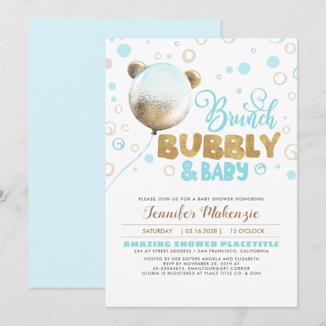 Brunch Bubbly and Baby Teddy Bear Baby Shower Invitation (Front/Back)