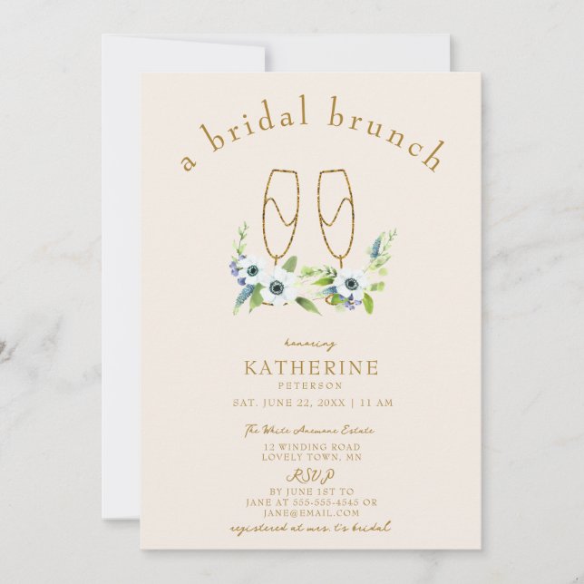Brunch Bubbly Anemone Gold Floral Bridal Shower Invitation (Front)
