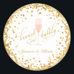 Brunch & Bubbly Bachelorette Engagement Brunch Classic Round Sticker<br><div class="desc">Celebrate a birthday,  engagement,  or shower with these elegant "Brunch and Bubbly" party stickers! Featuring gold confetti & script,  and a watercolor pink champagne glass.  ** The gold foil look is just a printed effect - cards will not print out with actual gold foil! **</div>
