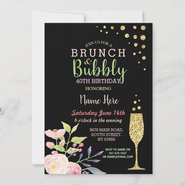 Brunch & Bubbly Birthday Gold Floral Invite (Front)