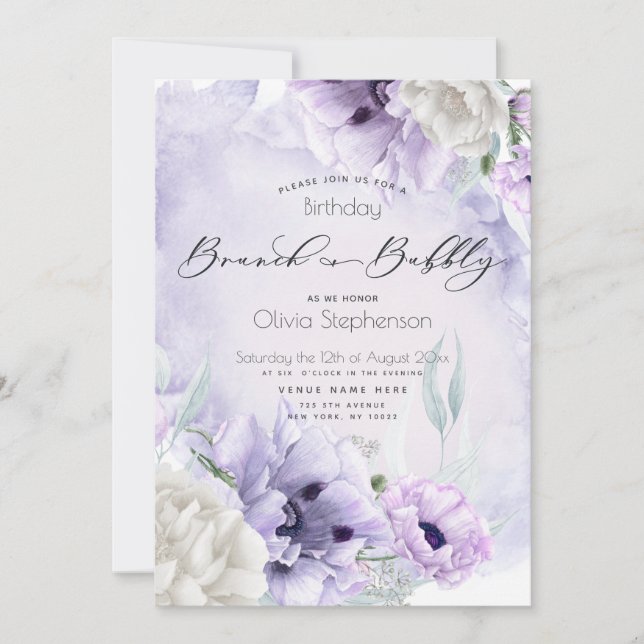 Brunch Bubbly Birthday Watercolor Lilac Poppy Invitation (Front)
