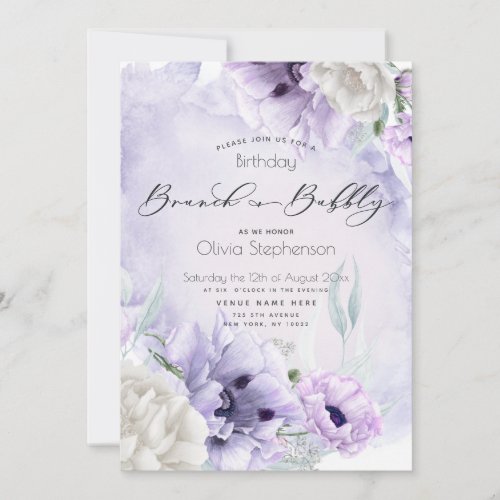 Brunch Bubbly Birthday Watercolor Lilac Poppy Invitation