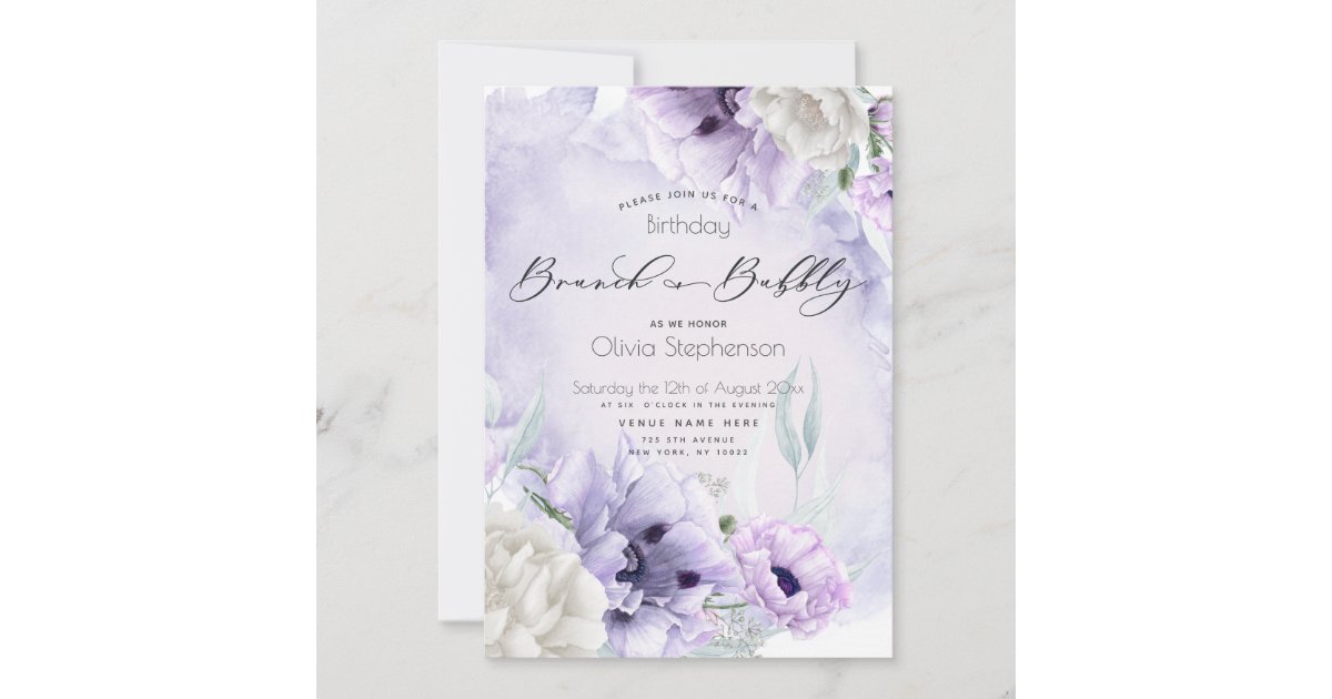 Brunch Bubbly Birthday Watercolor Lilac Poppy Invitation | Zazzle