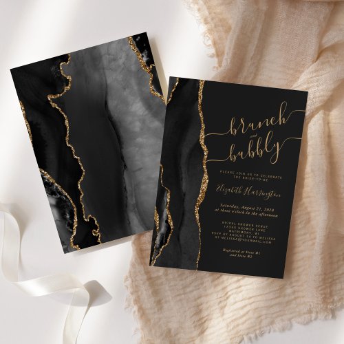 Brunch  Bubbly Black Gold Agate Bridal Shower Invitation