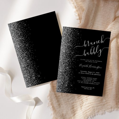 Brunch  Bubbly Black Silver Glitter Bridal Shower Invitation