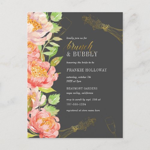 Brunch  Bubbly  Black White  Gold Bridal Shower Invitation Postcard