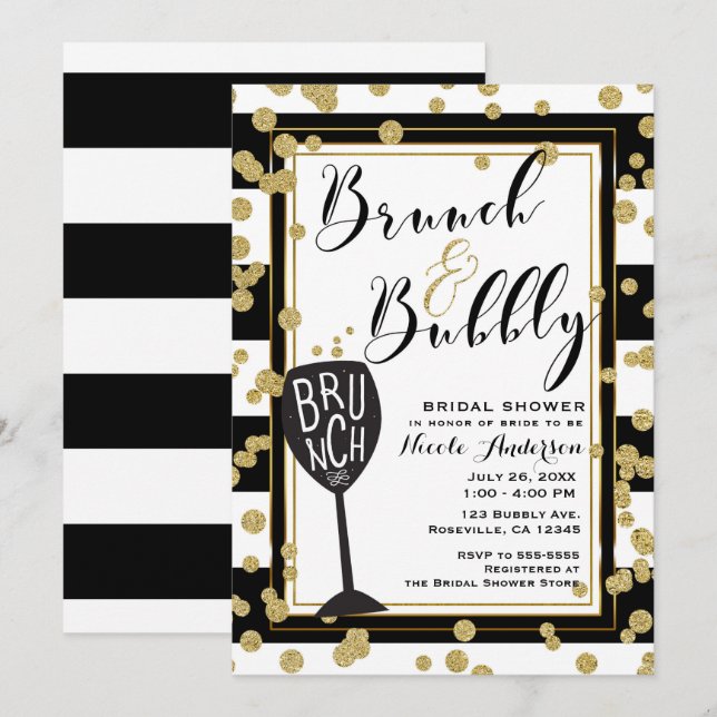 Brunch & Bubbly Black White Stripes Gold Confetti Invitation (Front/Back)