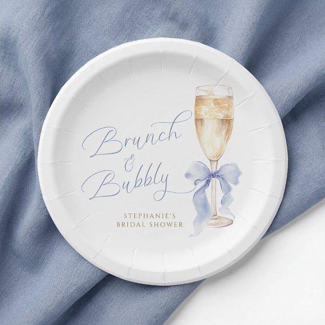 Brunch & Bubbly Blue Bow Bridal Shower Paper Plates (Creator Uploaded)