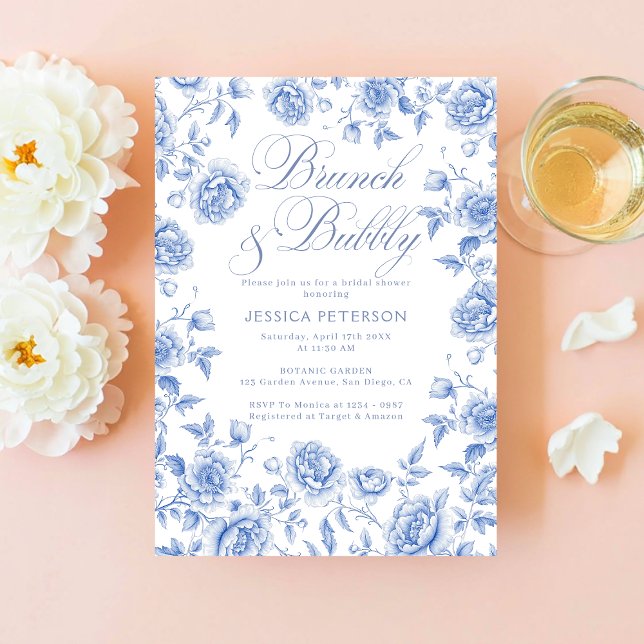  Brunch & Bubbly  Blue Floral Bridal Shower Invitation (Creator Uploaded)