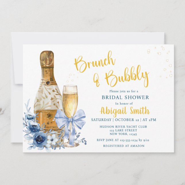 BRUNCH & BUBBLY Blue Floral Bridal Shower Invitation (Front)