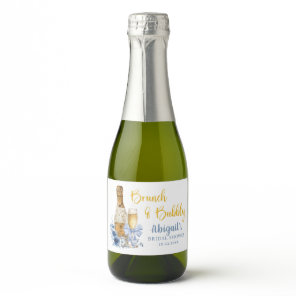 BRUNCH & BUBBLY Blue Floral Bridal Shower Sparkling Wine Label