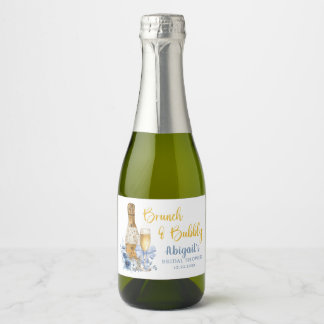 BRUNCH & BUBBLY Blue Floral Bridal Shower Sparkling Wine Label
