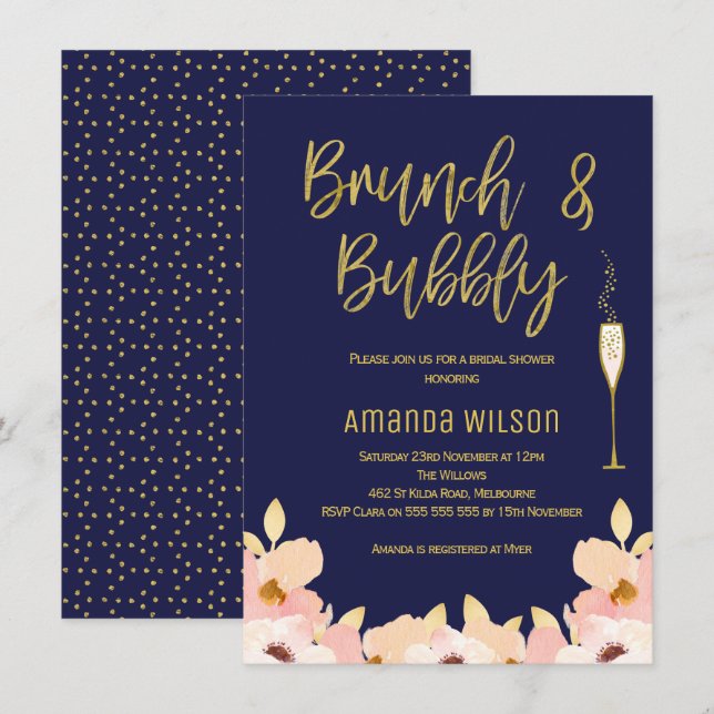 Brunch Bubbly Blue Gold Bridal Shower Invitation (Front/Back)