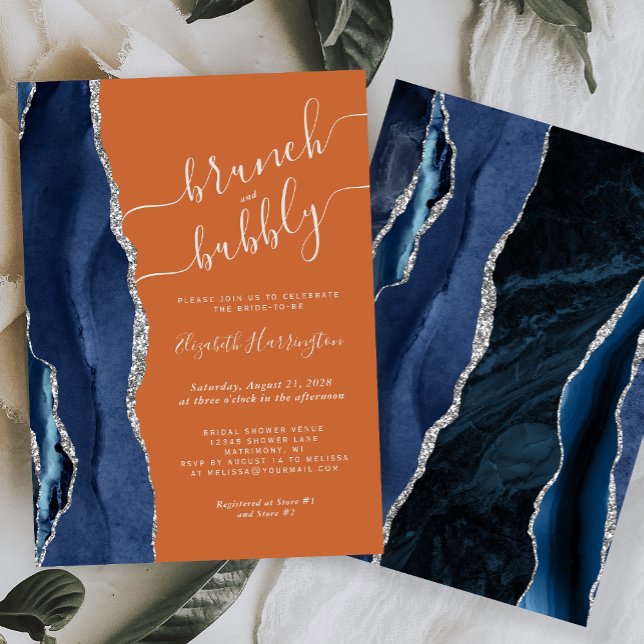Brunch & Bubbly Blue Silver Agate Burnt Orange Invitation (Creator Uploaded)
