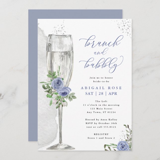 Brunch & Bubbly Blue Silver Floral Bridal Shower Invitation (Front/Back)