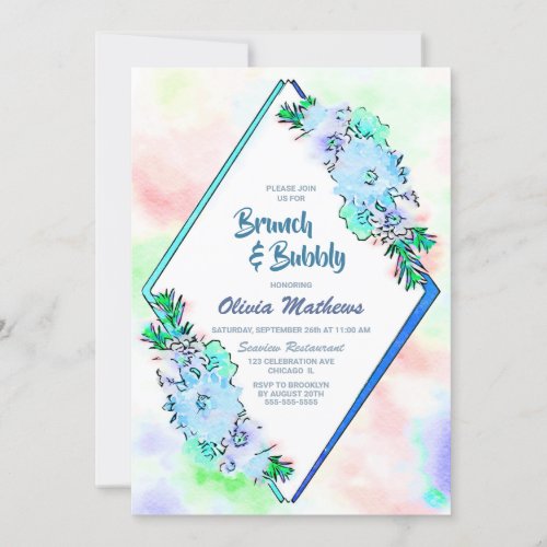 Brunch  Bubbly Blue Watercolor Floral Watercolor Invitation