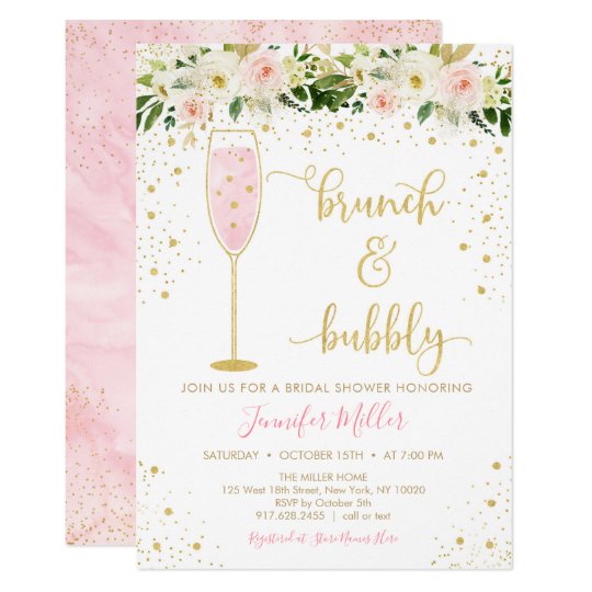 Brunch & Bubbly Blush & Gold Floral Bridal Shower Invitation | Zazzle.com