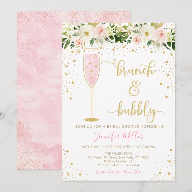 Brunch & Bubbly Blush & Gold Floral Bridal Shower Invitation (Front/Back)