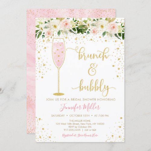 Brunch  Bubbly Blush  Gold Floral Bridal Shower Invitation
