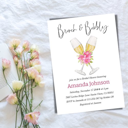Brunch  Bubbly Blush Pink Floral Bridal Shower Invitation