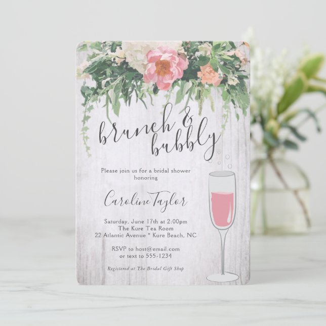 Brunch Bubbly Blush Pink Floral Wine Bridal Shower Invitation (Standing Front)