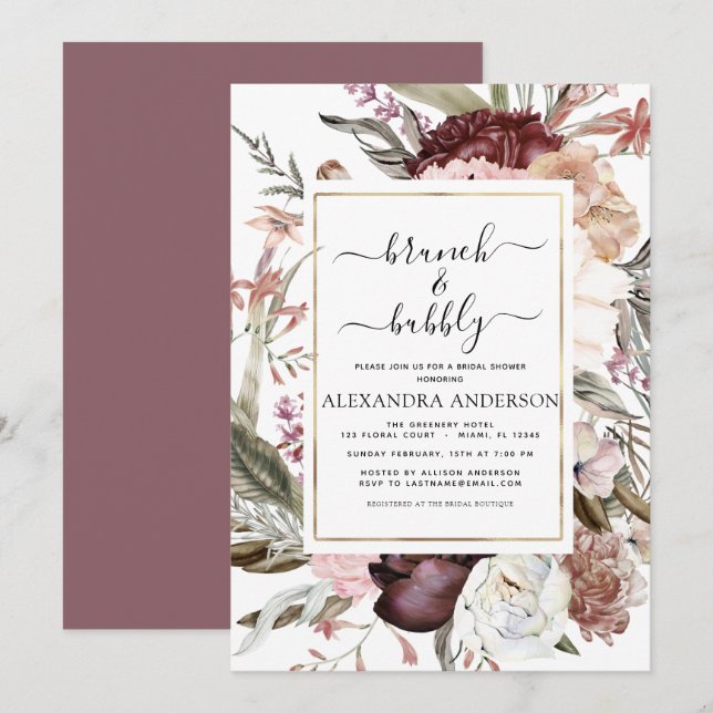 Brunch & Bubbly Boho Burgundy Bridal Shower Invitation (Front/Back)