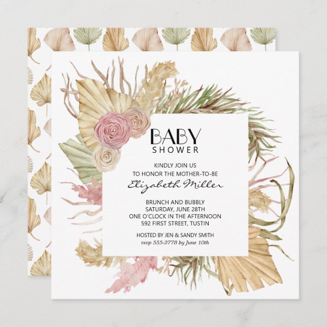 Brunch Bubbly Boho Leaves Baby Shower Invitation (Front/Back)