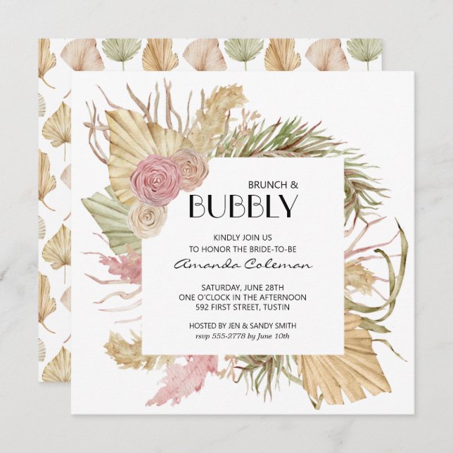 Brunch Bubbly Boho Leaves Bridal Shower Invitation (Front/Back)