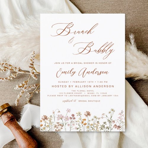 Brunch  Bubbly Boho Wildflower Bridal Shower Invitation