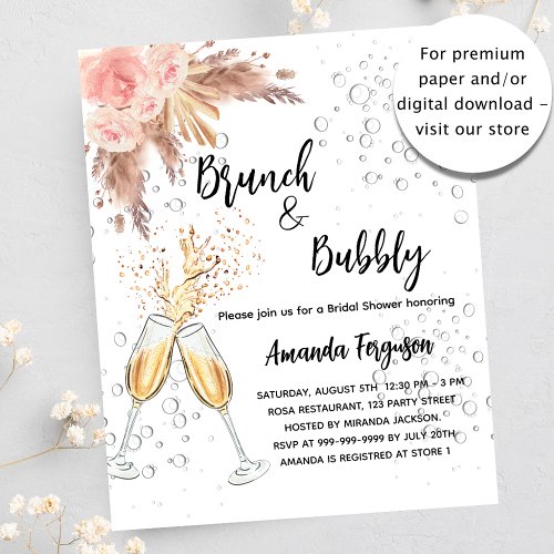 Brunch Bubbly Bridal pampas budget invitation Flyer