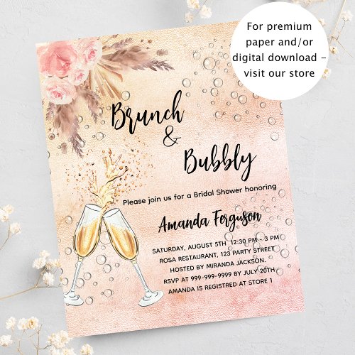 Brunch Bubbly Bridal rose pampas budget invitation Flyer