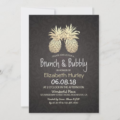 Brunch  Bubbly Bridal Shower Black Gold Pineapple Invitation