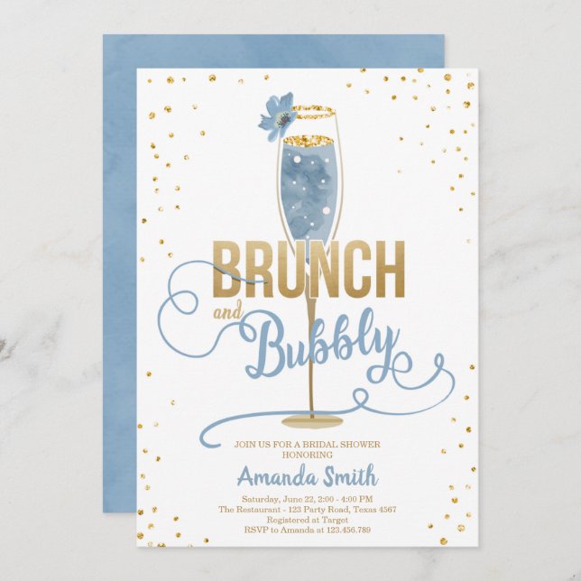 Brunch & Bubbly Bridal Shower Blue Gold Champagne  Invitation (Front/Back)