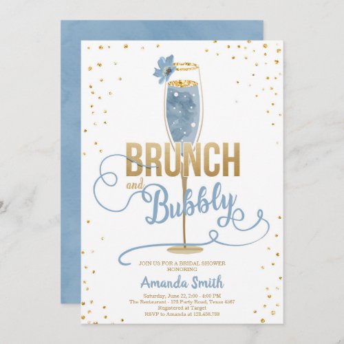 Brunch  Bubbly Bridal Shower Blue Gold Champagne  Invitation