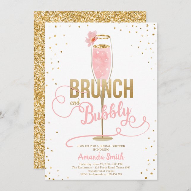 Brunch & Bubbly Bridal Shower Blush Gold Champagne Invitation (Front/Back)