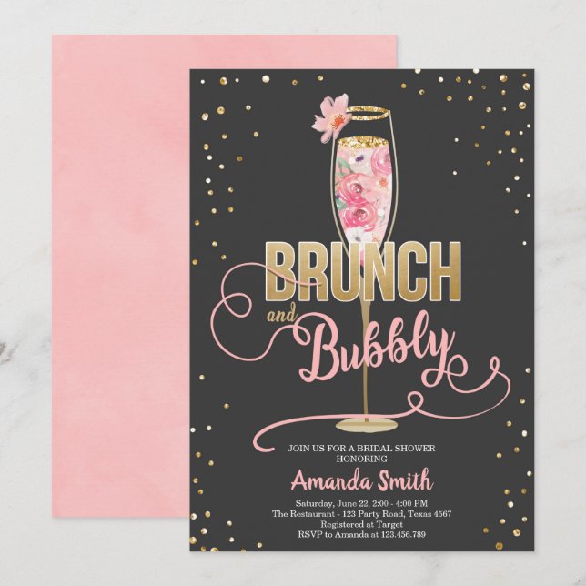 Brunch & Bubbly Bridal Shower Blush Gold Champagne Invitation (Front/Back)