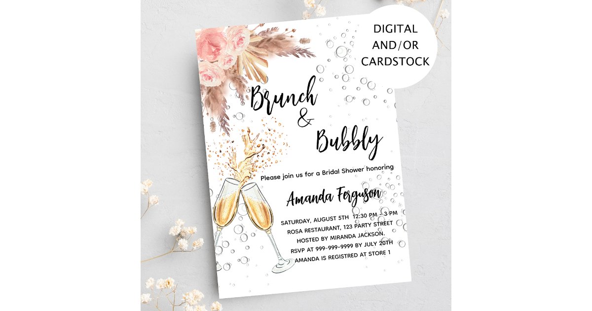 Brunch Bubbly Bridal Shower blush pampas grass Invitation | Zazzle