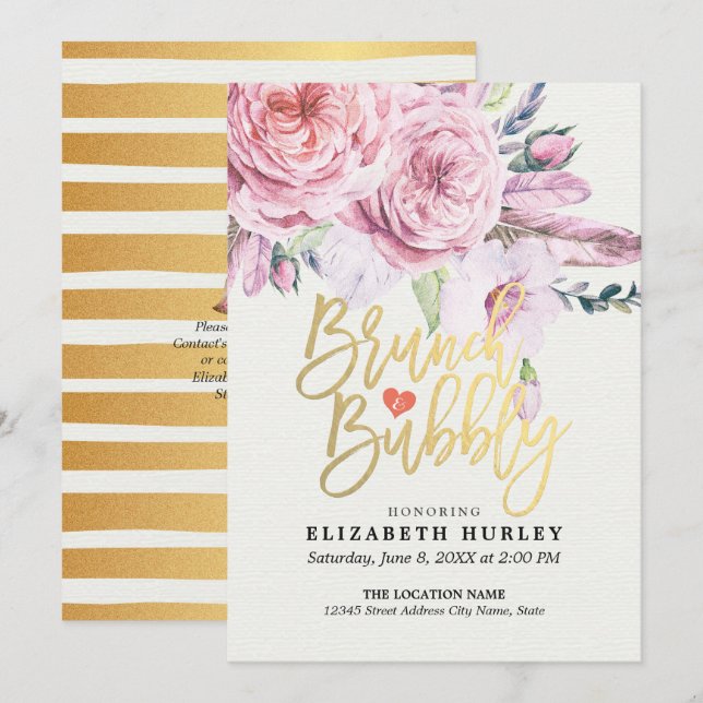 Brunch & Bubbly Bridal Shower Boho Floral Feather Invitation (Front/Back)