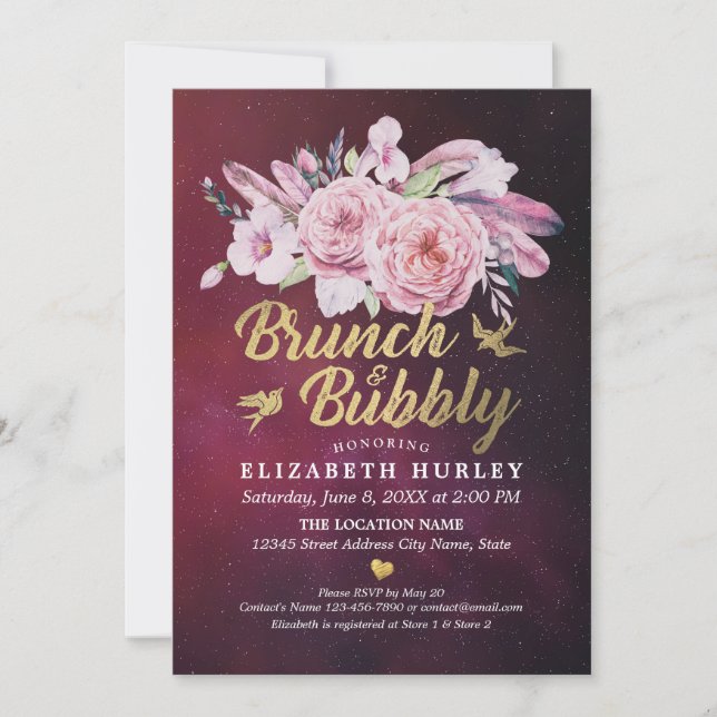 Brunch & Bubbly Bridal Shower Boho Floral Feather Invitation (Front)