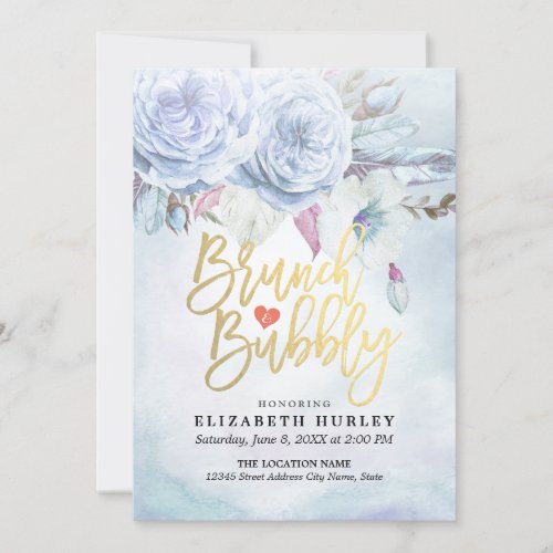 Brunch  Bubbly Bridal Shower Boho Floral Feathers Invitation