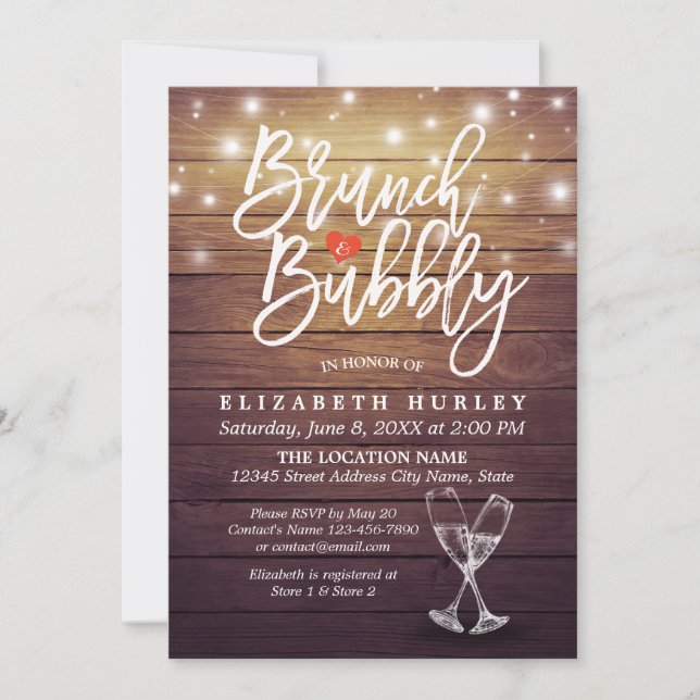 Brunch & Bubbly Bridal Shower Champagne Glass Wood Invitation (Front)