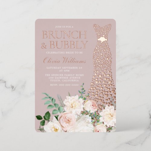 Brunch  Bubbly Bridal Shower Dress Rose Gold  Foil Invitation